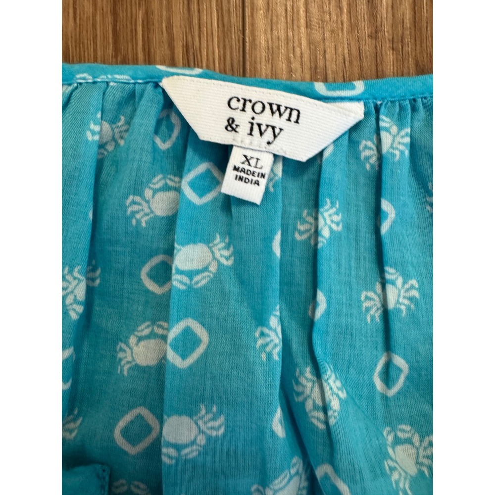 Crown & Ivy Womens XL Blue Crab Print Crochet Trim Peasant Blouse Coastal Boho - Picture 5 of 8